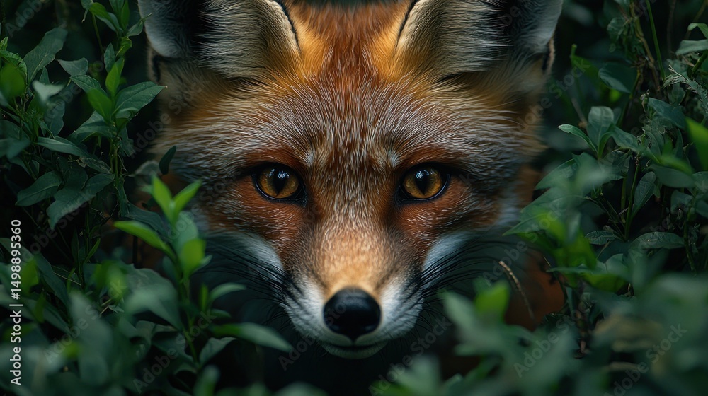 Obraz premium Close-up of a red fox peering through foliage