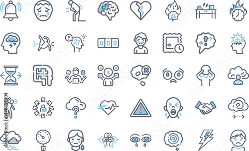 Set of mental health issues stress burnout anxiety depression and emotional distress icons