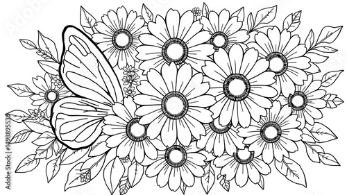 Detailed floral and butterfly illustration perfect for coloring pages or decorative designs