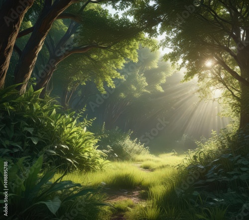 Sunlit shafts pierce dense foliage, creating ethereal glow amidst lush greenery,  landscape,  woodland,  jungle