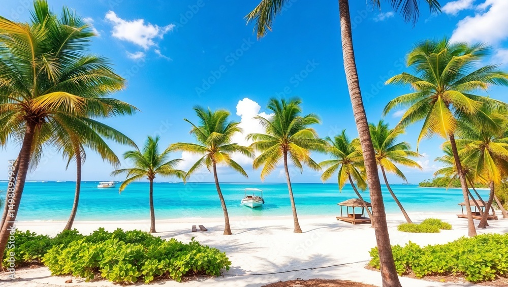 Fototapeta premium Tropical island beach with palm trees and clear blue water