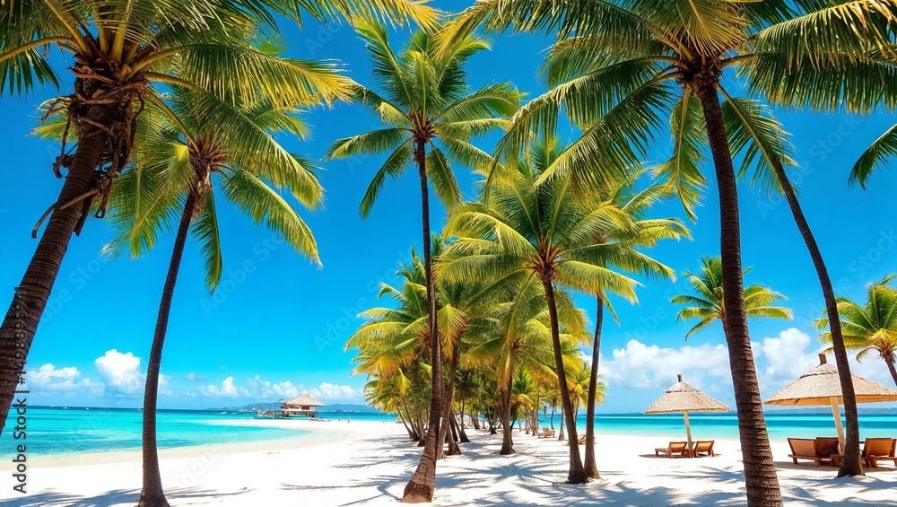 Fototapeta premium Tropical island beach with palm trees and clear blue water