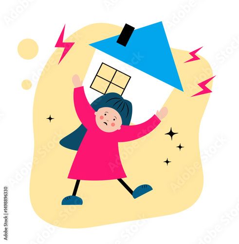 A woman is dragging a house on herself. A difficult life. Household chores and fatigue