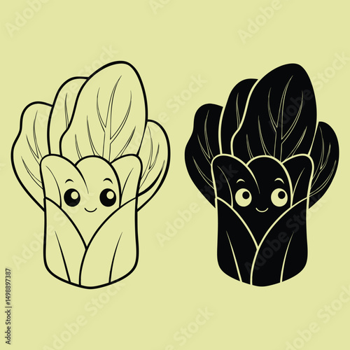 Two cartoon bok choy illustrations with smiling faces and simple outline designs