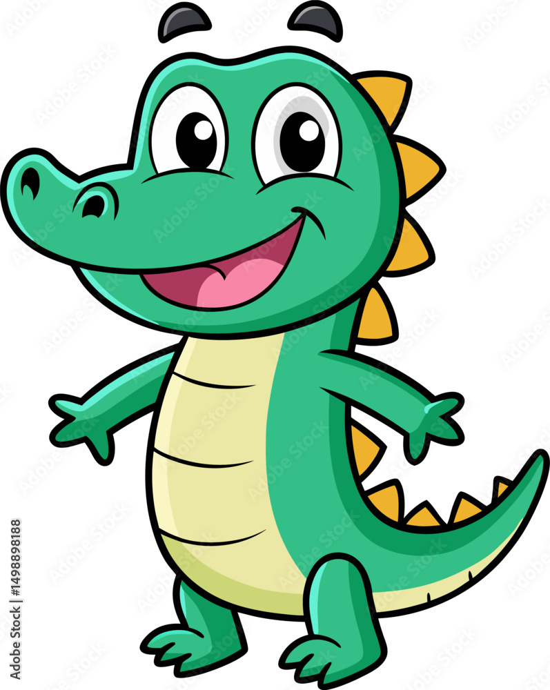 Fototapeta premium Happy cartoon alligator standing with arms up in friendly and fun gesture for playful wildlife art
