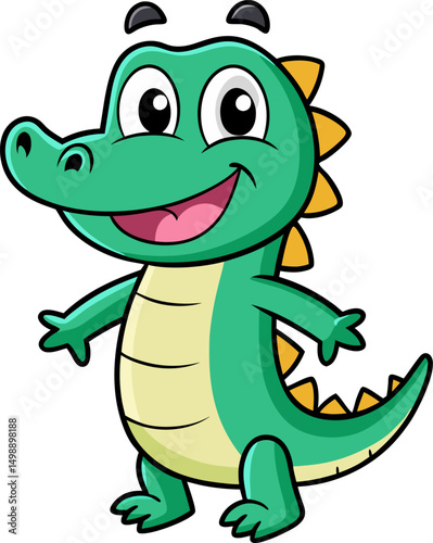 Happy cartoon alligator standing with arms up in friendly and fun gesture for playful wildlife art