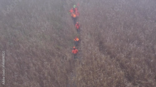 Hunters navigate through dense reeds in Begec while searching for game on a foggy morning