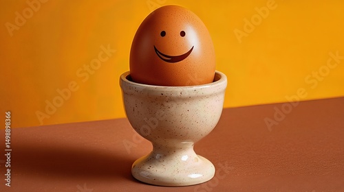 A brown egg with a smiling face sits in an egg cup against a bright orange background, creating a cute breakfast still life.
