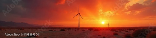 A desolate, sun-bleached landscape with a lone, dilapidated wind turbine silhouetted against a fiery sunset, conveying the struggle for energy in a harsh environment ,  climate change,  desolate