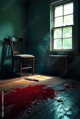 A dimly lit room, blood splatter on the floor near an overturned chair, a single dropped knife, suggesting a struggle and violent crime scene ,  blood,  suspense,  detective