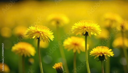 A field of vibrant yellow dandelions in full bloom, bathed in sunlight Perfect for spring, nature, and floral themes Close-up details showcase intricate petal structure , peaceful, spring, ecology