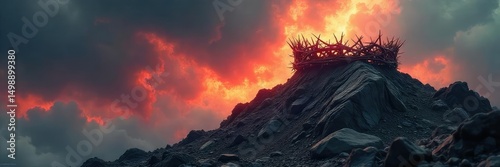 A furious, stormy sky mirroring inner rage; a crown of thorns rests on a craggy, desolate peak The image evokes feelings of power, tyranny, and uncontrolled fury , darkness, king
