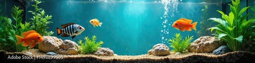 A happy, well-maintained fish tank, bubbles rising, plants thriving, colorful fish swimming freely  Sunlight streams in, illuminating the vibrant underwater scene ,  colorful fish,  betta fish