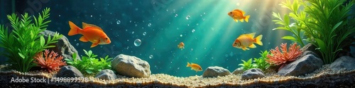 A happy, well-maintained fish tank, bubbles rising, plants thriving, colorful fish swimming freely  Sunlight streams in, illuminating the vibrant underwater scene ,  heater,  aquarium fish