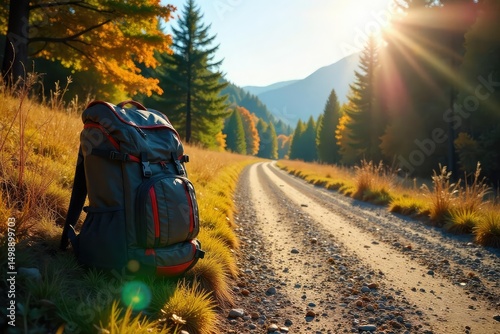 A lone backpack rests on the side of a scenic trail, thumb extended, awaiting a ride  Sunshine illuminates the dusty road and vibrant foliage  Adventure awaits!,  scenery,  trail