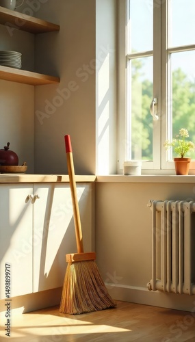 A lone broom leans against a freshly cleaned kitchen counter, sunlight streaming through a window; a minimalist depiction of single-person household chores , simple, singlehood, space