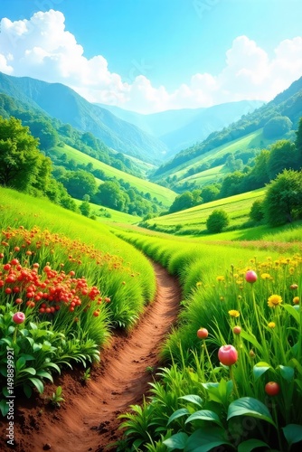 A lush valley floor teeming with ripe, ready-for-harvest crops under a bright, clear sky  Abundant bounty, fertile land, agricultural abundance, rural landscape , field, sunlight