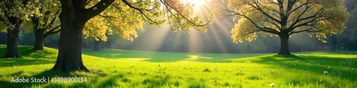 A refreshing spring scene with cooler temperatures Sunlight filters through budding trees, casting shadows on a lush green landscape, hinting at a mild, pleasant spring day , natural, shadows