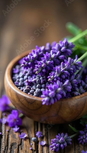 Aromatic lavender buds and flowers in a rustic wooden bowl, ready for use in aromatherapy or crafting  Perfect for relaxation and natural beauty products , bath products, relaxation, calming