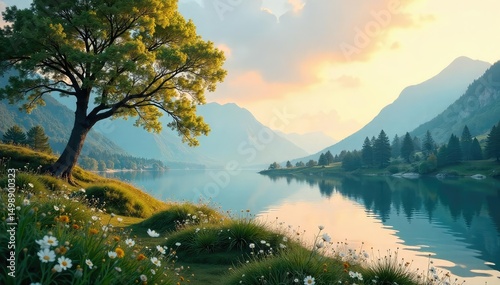 A serene landscape with calming natural elements; a tranquil scene perfect for relaxation and stress relief , water, serenity, forest