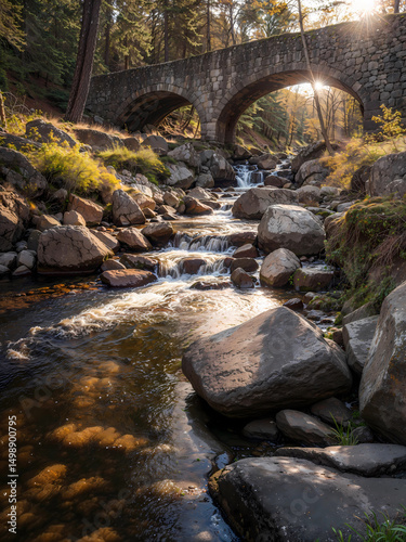 stone bridge over rocky stream creek in forest