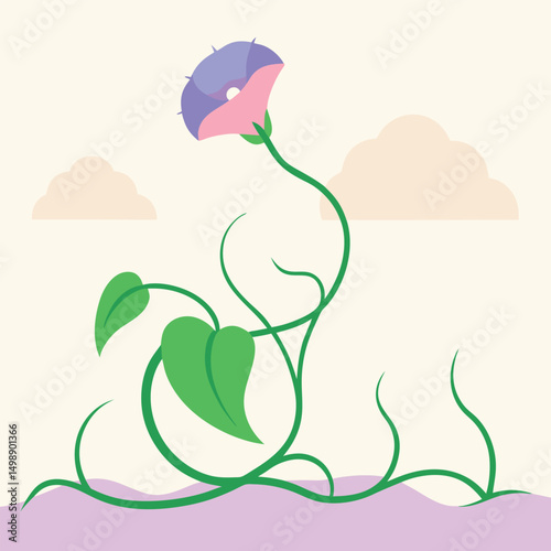 Stylized morning glory flower with leaves and clouds vector illustration
