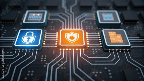 Digital circuit board featuring various security icons, symbolizing technology and cybersecurity.
