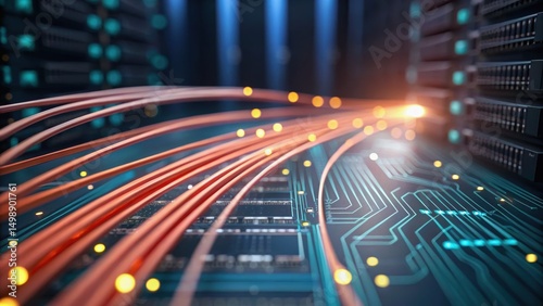 Dynamic visualization of data flow in a digital network, highlighting circuits and illuminated pathways representing connectivity and technology.
