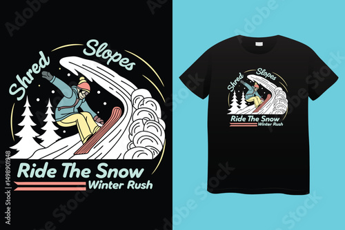Man Riding Snowboard – Vibrant Mountain Snow Scene Illustration, Colorful Snowboarder on Snowy Peak – Winter Activity Vector, Thrilling Snowboarding Adventure – Vector Man on Icy Slope.