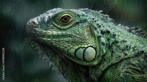 A close-up of a green iguana in the rain highlights its detailed scaled skin texture against a tropical rainforest backdrop.
