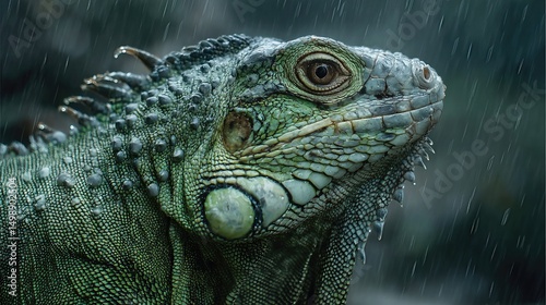 A close-up of a green iguana in the rain highlights its detailed scaled skin texture against a tropical rainforest backdrop.

