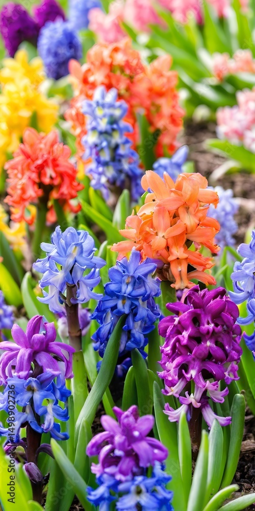 Fototapeta premium Group multicolored blooming hyacinths. Spring landscape.