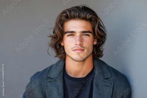 confident young man in relaxed outfit, well-groomed hair, contemporary fashion