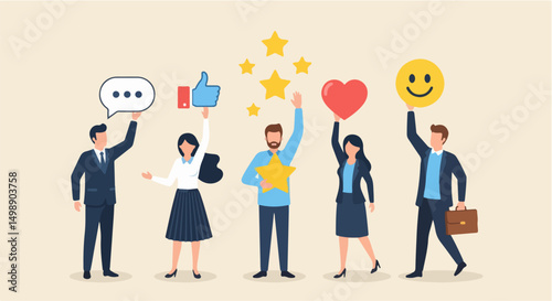 Illustration showcasing a group of people holding symbols expressing communication, support, and satisfaction, such as speech bubbles, hearts, and star ratings. Ideal for concepts of teamwork and cust