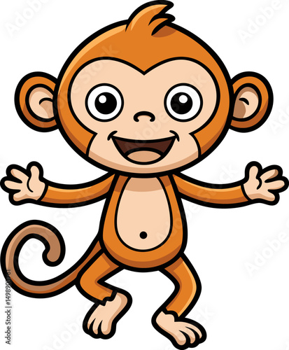 Happy little monkey waving with a huge smile in a dynamic and playful pose for children�s materials