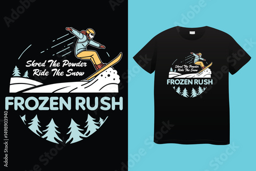 Man Riding Snowboard – Vibrant Mountain Snow Scene Illustration, Colorful Snowboarder on Snowy Peak – Winter Activity Vector, Thrilling Snowboarding Adventure – Vector Man on Icy Slope.
