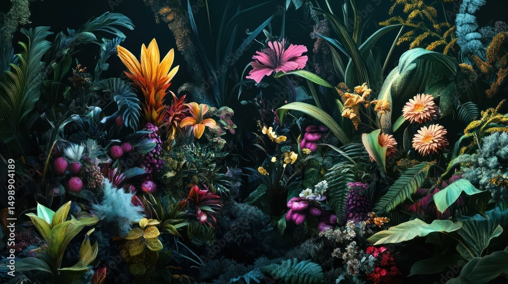 Fototapeta premium Enchanted Tropical Garden: A Lush Tapestry of Exotic Blooms and Verdant Foliage