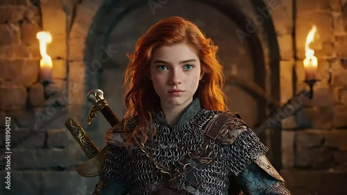 Determined female knight stands confidently with a sword inside a dimly lit castle corridor, evoking a medieval atmosphere of courage and strength