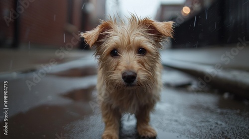 Fototapeta Naklejka Na Ścianę i Meble -  Close-up of a small dog standing on a wet pavement. the dog appears to be a yorkshire terrier, with a light brown coat and floppy ears. it is looking directly at the camera with a curious expression.