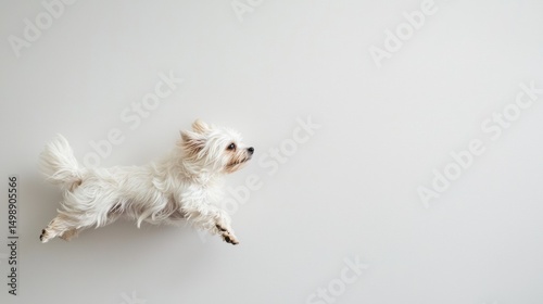 Photograph of a small white dog, possibly a maltese, running on a plain white background. the dog appears to be in mid-air, with its body stretched out and its legs stretched out in front of it.