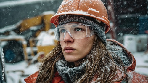 A construction worker braves a blizzard, wearing a hard hat and safety glasses, covered in snow during a harsh winter storm.
