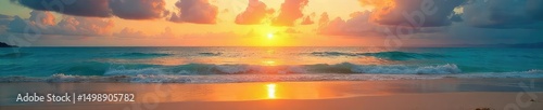 Serene, secluded beach at sunset  Golden sand stretches far, meeting tranquil turquoise water under a vibrant sky  Perfect for relaxation and escape  ,  shore,  sun,  glow