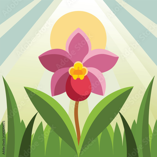 Stylized pink orchid flower blossom in grass with sunlight vector illustration