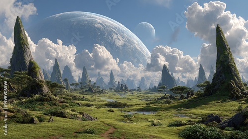 Vast, alien landscape with unique rock formations and a vibrant atmosphere
