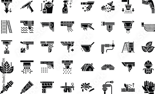 Gutter cleaning and maintenance solid icon set home improvement elements