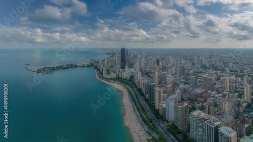 Aerial drone view of chicago skyline with downtown skyscrapers along lake michigan shoreline in illinois