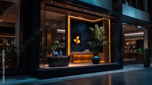Augmented reality retail window display modern shopping district visual art urban environment nighttime concept