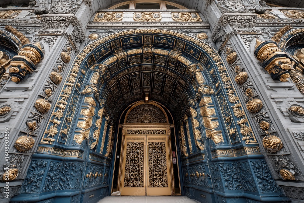 Fototapeta premium Ornate Building Entrance with Gold and Blue Accents