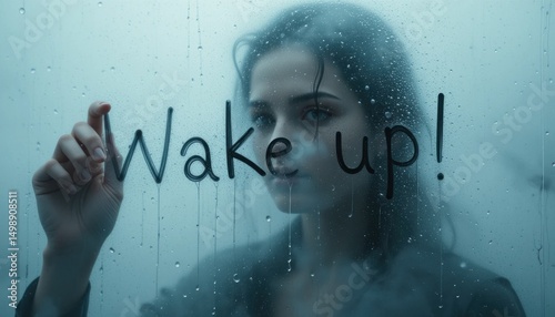 Young Woman Writing on Foggy Window with the Words 