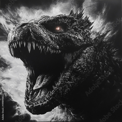 Monochrome image of a monstrous creature with open mouth and sharp teeth